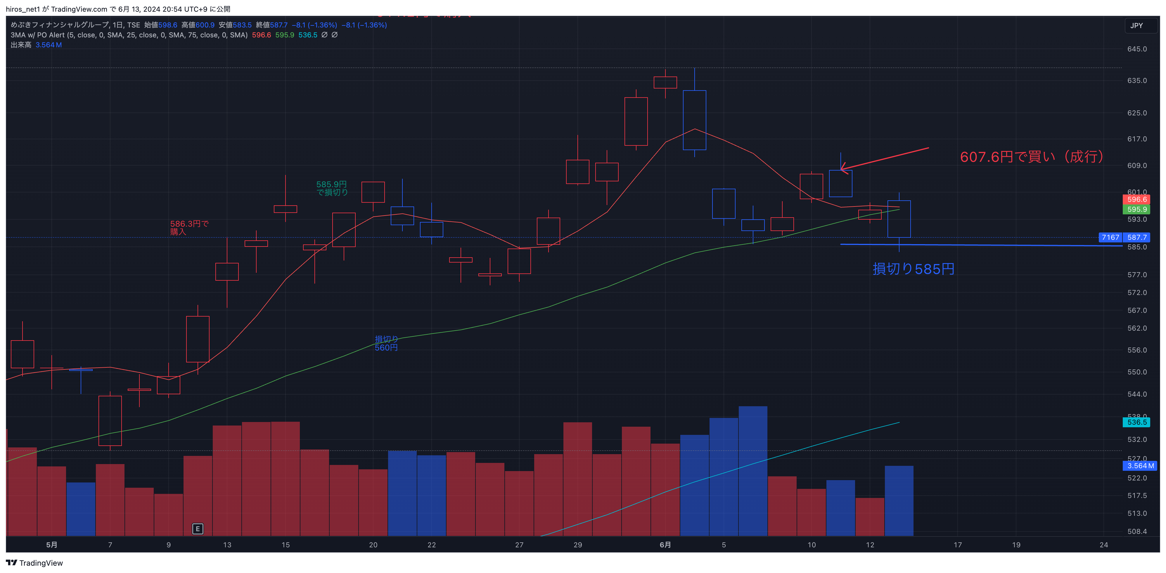 めぶきフィナンシャルG 2024年6月13日 日足チャート